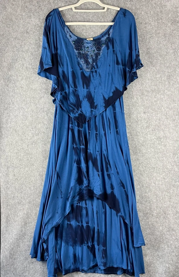 Maxi Vestido Reba Para Mujer XL Azul Estrás Cuentas Tie Dye Capas Elastizado Fluido Foto 1 de 4