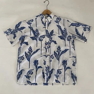 Vintage Reyn Spooner Shirt Mens Large Blue White Floral Hawaiian Popover Polo - Picture 1 of 9