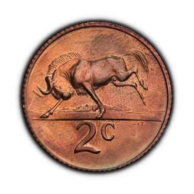 SOUTH AFRICA. 1967, 2 Cents - Van Riebeeck, Wildebeest Gnu Proof Rare English 🌈 - Image 1 of 3