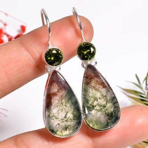 Gemstone des Moos -Achat -Peridots handgemacht Jewelry.925 silber ohrringe 1.7" - Bild 1 von 6