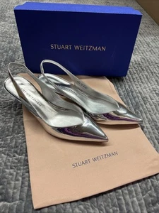 Stuart Weitzman Silver Leather Embellished Slingback Pumps-size 10b NWT - Picture 1 of 12