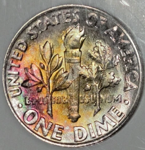 1960 Roosevelt dime, NGC MS64, Rainbow Toning Cover