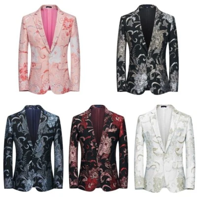 Mens Flower Jacquard Jacket Slim Suit Blazer Prom Party Coat Tops Smart - Image 1 of 4