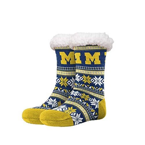 FOCO NCAA Licensed Michigan Wolverines Fair Isle Footy Slippers Non-Skid Bottom Cover