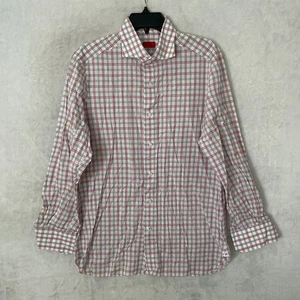 ISAIA Mens Button Shirt Red White Plaid Medium 15.5 Cotton Long Sleeve Italy - Picture 1 of 8