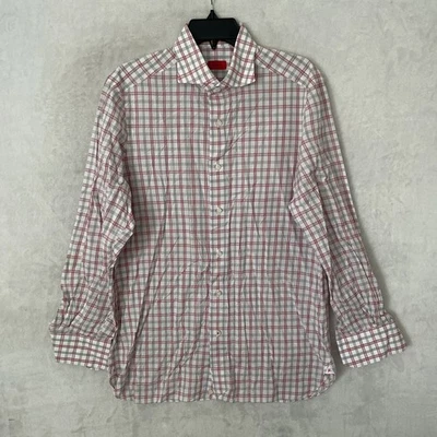 ISAIA Mens Button Shirt Red White Plaid Medium 15.5 Cotton Long Sleeve Italy - Image 1 of 4