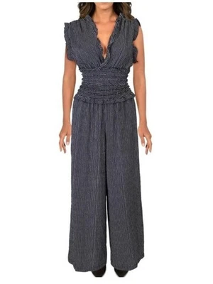 Macacão Max Studio Smocked perna larga XS listra de giz azul marinho bolsos baixos decote em V - Imagem 1 de 4