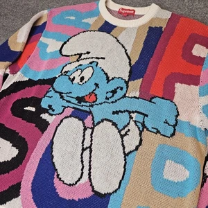 Supreme Smurfs 2020 Crewneck Sweater Size Large Retro Colors Longsleeve Knit - Picture 1 of 9