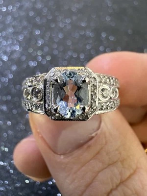 Anillo Art Deco Oro Blanco 14K Ovalado Aguamarina Diamante Foto 1 de 4
