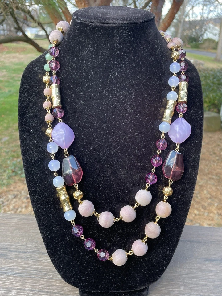 Joan Rivers 54” Mixed Bead Long Rope Necklace. Plum, Lavender, Wood,mint Green - Image 1 of 4