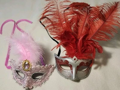 One Red & One Pink Venetian Mask Feather Masquerade Mardi Gras   - Image 1 of 4