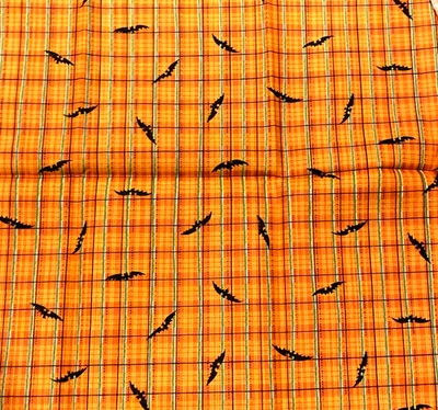 BATS on ORANGE PLAID Halloween Cotton Fabric 1/4 Yd  FAT QUARTER  NEW - Image 1 of 2