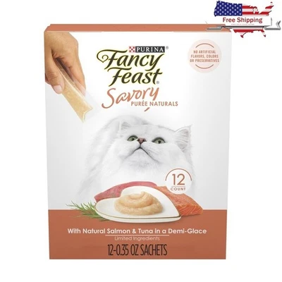 Savory Puree Salmon Tuna Wet Cat Food Treats Squeezable Lickable 12 Pack New - Image 1 of 4