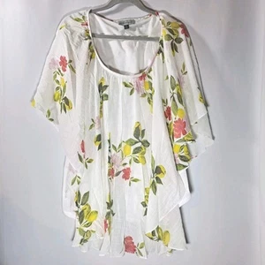 Meera Lane Woman 3X Blouse Semi Sheer White Floral V Neck Pullover Flowy - Picture 1 of 9