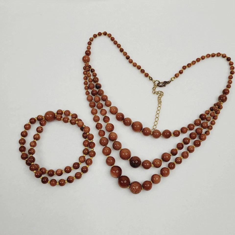 Conjunto de collar y pulsera babero joyería moda cuentas vidrio goldstone multihilo Foto 1 de 4