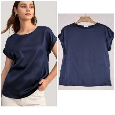 Lilysilk Mulberry Silk Women's Top Large Navy Blue  Satin Blouse Elegant Party - Image 1 of 4