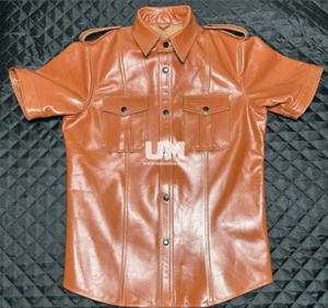 Men's Genuine Brown Cow Leather Police Style Uniform Shirt Sexy Gay Bluff Fetish - Picture 1 of 3