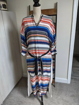 Vestido EDUN de seda midi Kaftan tamanho XS-M listrado com cinto buraco na fechadura frente dividida $1005 - Imagem 1 de 4