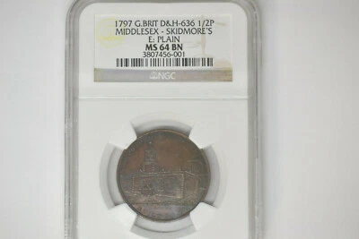 Great Britain: 1797 Halfpenny- D&H 636-  Middlesex-Skidmore's-  NGC MS-64 BN - Image 1 of 4