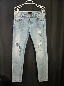 Forever 21 Men's Jeans 32X30 Skinny Slim Distressed Blue Button Fly - Picture 1 of 17