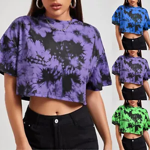 Ladies Blouses O Neck T Shirts Tie Dye Trendy Printed Tee Comfy Womens Clothes - Picture 1 of 29