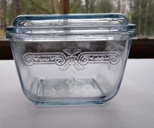 Fire King Refrigerator Dish With Lid Clear Glass Starburst Sapphire Blue Philbe. - Picture 1 of 12