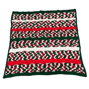Red Green White Crocheted Afghan Throw Blanket Christmas Holiday 43" x 41" - Picture 1 of 11