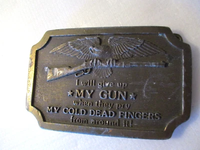 1977 INDIANA METAL CRAFT BRONZE BELT BUCKLE "I Will Give Up My Gun...." - Image 1 of 4
