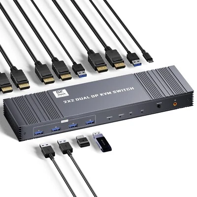 8K Dual Displayport KVM Switch 8K@60Hz 4K@120/144Hz 1080P@165Hz 2 PCs 2 Monitore - Bild 1 von 4