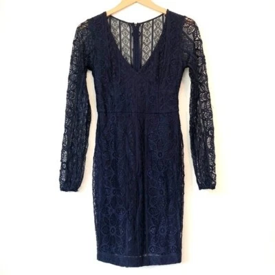 Vestido GUESS Mezcla Floral Encaje Sólido Azul Marino Manga Larga Mini Fiesta Bodycon talla 0 Foto 1 de 4