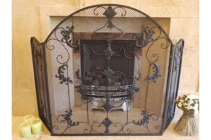 Black Steel 3 Folding Mesh Panels Vintage Fire Screen Spark Guard Ornate Design - Picture 1 of 5