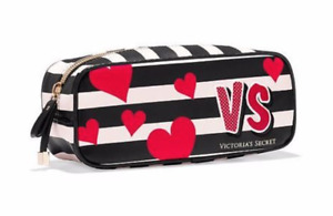 NWT VICTORIA'S SECRET BLACK & WHITE STRIPE HEARTS ESSENTIAL COSMETIC BAG TRAVEL