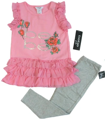 Leggings Bebe para meninas tamanho M 5-6 rosa sem mangas com babado cinza 2 peças BGO01054A - Imagem 1 de 4