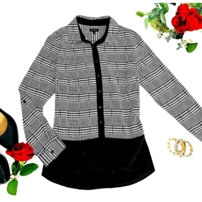 Blusa para mujer Talbots talla pequeña negra blanca espiga a cuadros ligera  Foto 1 de 4