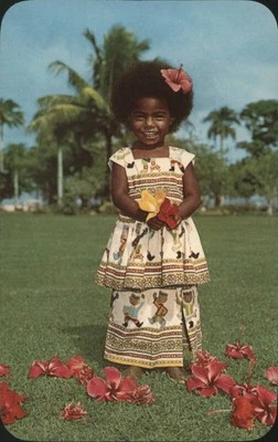 Fiji Suva Young Fijian Girl 'Elizabeth' with Hibiscus Flowers Teich Postcard - Image 1 of 2