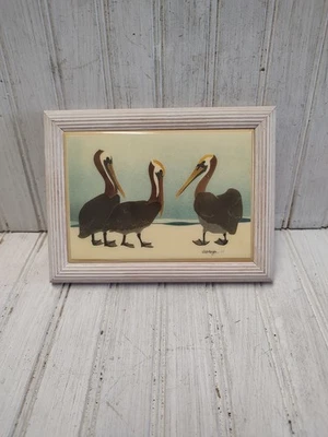 Vintage 1984 W. Morgan Fliese mit 3 Pelikanvögeln im Holzrahmen signiert - Bild 1 von 4