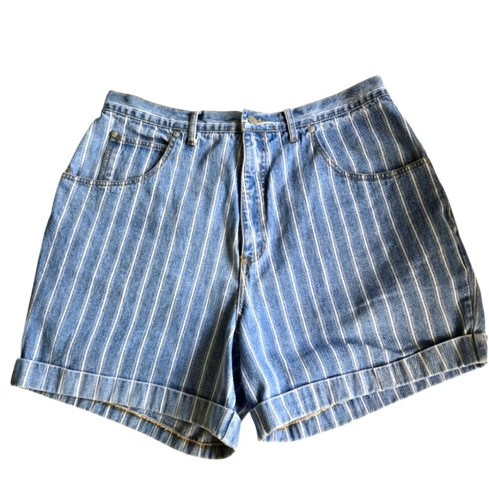 LA BLUES 80s Retro Vintage Cotton Denim Mom Shorts Blue White Stripe Size 20 - Image 1 of 4