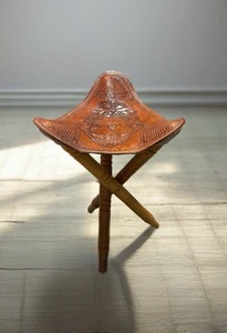 Vintage Hand-Tooled Leather Tripod Stool Saddle Seat - Costa Rica Emblem - Picture 1 of 8