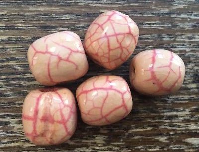 Lote de cuentas picadas barril cerámica esmaltada aspecto craquelado melocotón vintage con vena rosa Foto 1 de 4