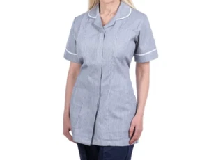 Tunica da infermiera gessato grigia da donna UK 26 orlo rosso medico taglie forti uniforme top - Foto 1 di 2