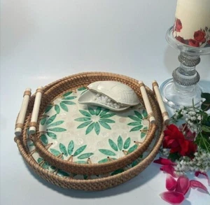 Round Hand Woven Rattan Tray with Mother of Pearl Inlay - Serving Tray with Hand - Picture 1 of 2