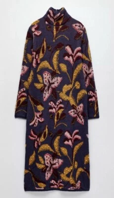 NWT ZARA $169 EMBROIDERED KNIT MIDI DRESS Plum Purple Floral Mustard Pink M - Image 1 of 4