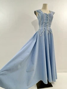 Vintage 70er bis 20er Jahre handgefertigtes Präriekleid blau weiß Borte Chambray Cottage SELTEN - Bild 1 von 14
