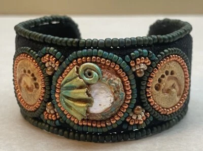 Artisan Signed Unique Clay & Bead Velour Cuff Bracelet Excellent - Image 1 of 4