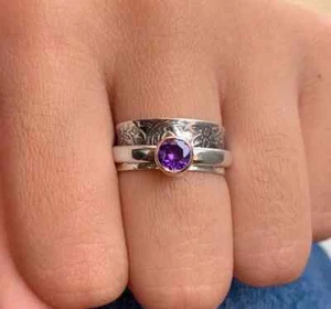 Amethyst Solid 925 Sterling Silver Spinner Handmade Women Ring, All Size M939 - Picture 1 of 5