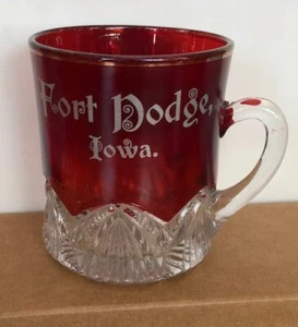 Antique Iowa Mug Ruby Red Flash Glass Ford Dodge Cup 1900s State Fair Prize - Picture 1 of 7