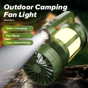Solar Powered Light Lamp Portable Collapsible LED Flashlight Camping Lantern Fan - Picture 1 of 13