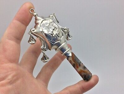 Antique George V 1931 Scottish Glasgow Silver Moss Agate Cow & Moon Rattle Baby • 65£