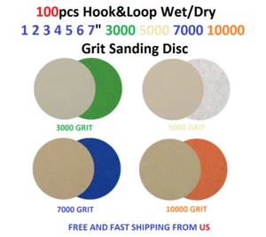 100pcs Hook&Loop Wet/Dry 1 2 3 4 5 6 7" 3000 5000 7000 10000 Grit Sanding Discs - Picture 1 of 5