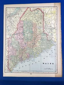 1898 Color Map MAINE w/ Counties, Reverse Topographical U.S. Map - 14.5" x 11" - Picture 1 of 10